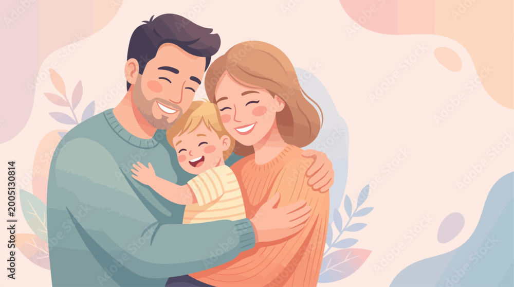 Obraz premium Happy Young Parents Hugging Their Toddler with Love for International Day of Families Concept Vector