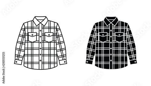 Tableau sur toile Plaid flannel shirt icon set with front pockets and buttons in outline and solid