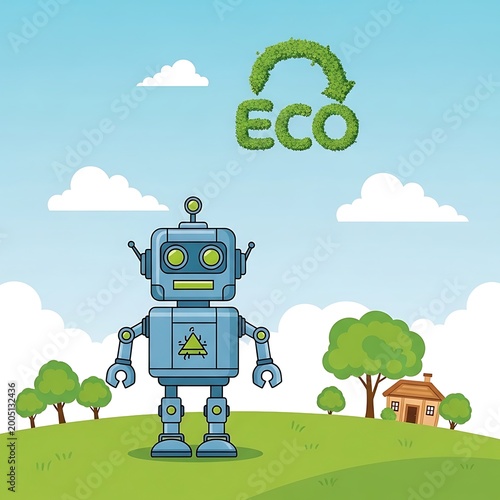 Eco friendly robot in green landscape.
