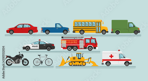 Obraz na płótnie A diverse collection of vehicles including cars, trucks, a school bus, police car, fire engine, ambulance, motorcycle, bicycle, and bulldozer