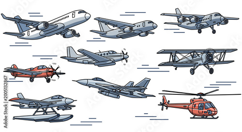 Photos A diverse collection of aircraft, including jets, propeller planes, biplanes, seaplanes, and a helicopter, showcasing various designs and eras of aviation