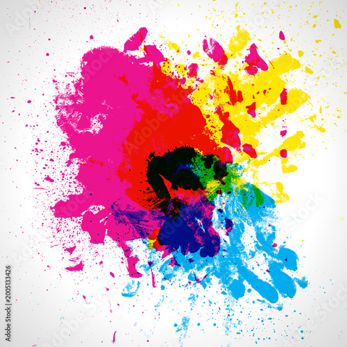 Konstfotografi Vibrant colorful paint splashes on white background