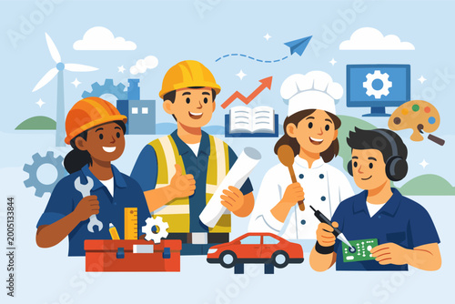 National Apprenticeship Week Vector Illustration Featuring Diverse Professionals in Engineering Construction Culinary and Electronics Careers for Vocational Training and Skills Development Concept
