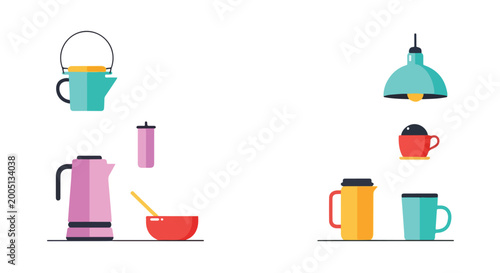 A minimalist vector set showcasing colorful household objects including a pendant lamp, teapots, mugs, and kitchenware on a white background.