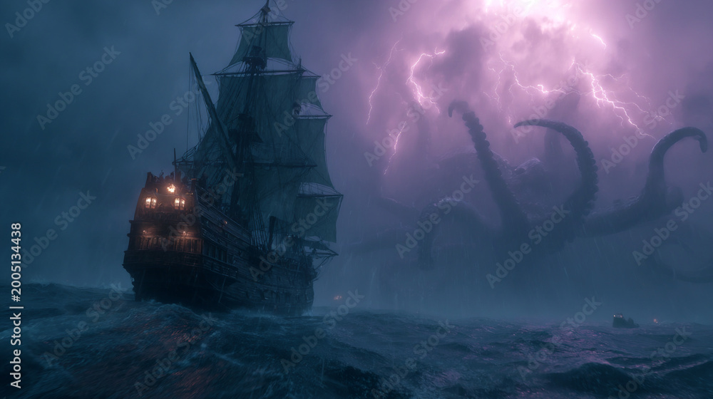 Fototapeta premium pirate ship trapped in kraken storm maelstrom, ancient vessel consumed by abyssal sea monster, dark fantasy ocean battle with colossal tentacles
