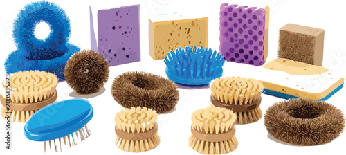 Quadro em tela Cleaning brushes and sponges vector set featuring scrub brushes, scouring pads a
