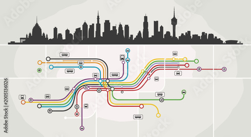 Fotografie Stylized city skyline above a complex, colorful subway metro map with multiple lines and stations, illustrating urban transportation infrastructure