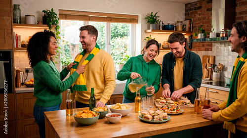 Friends prepare food and celebrate in welcoming rustic kitchen ambiance