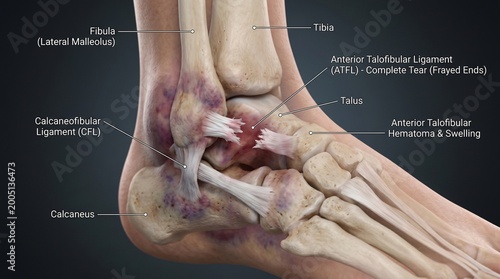 Detailed 3D illustration of a human ankle showing fractured tibia fibula talus and calcaneus bones with ligament tears
