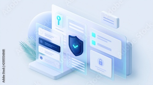 Isometric 3d glass morphism style cybersecurity interface with protection shield and check mark for online data security and digital privacy concept
