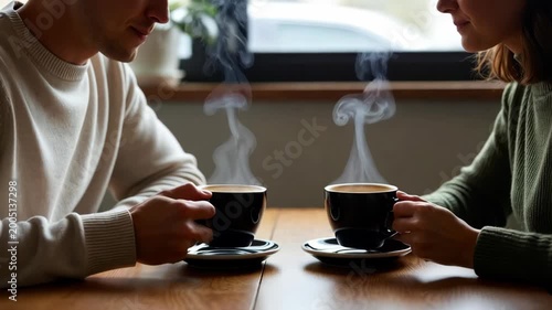 Tracking shot of couple drinking coffee together and leaning across wooden table by window inside cafe