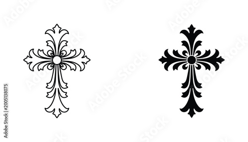 Schilderij op canvas Elegant ornate Christian cross religious symbol with intricate decorative scroll