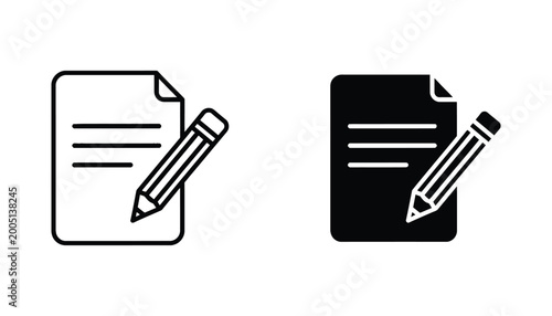 Document file icon with pencil for editing and writing tasks in outline and solid black vector graphic style for text editors