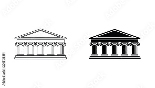 Fotografie Ancient Greek temple facade with ionic columns outline and silhouette vector ill