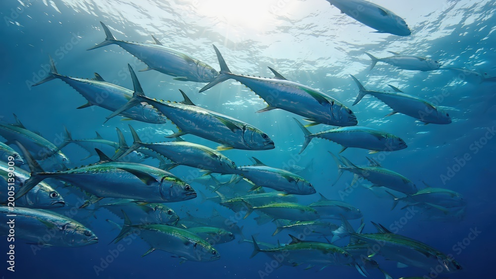 Obraz premium School of silver fish swimming in clear tropical ocean water under bright sunlight, depicting vibrant marine life and oceanic biodiversity