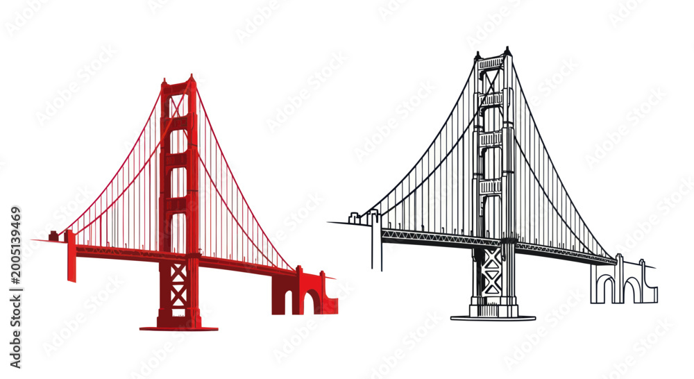 Fototapeta premium Golden Gate Bridge: Color Illustration vs. Black and White Sketch