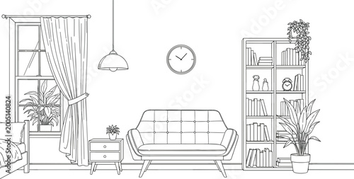 Modern living room interior line art vector illustration featuring a tufted sofa large bookshelf window with curtains and indoor plants for home decor concepts.