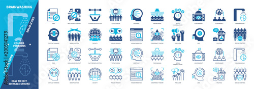 Brainwashing icon set. Deepfake, Social Control, Governance, Propaganda, Public Opinion, Politics, Fake, Lies. Duotone color solid and editable outline icons