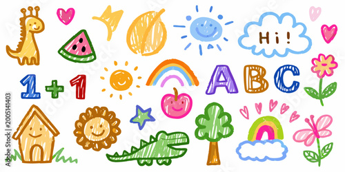 Fotografie collection of cheerful children s crayon drawings on white background