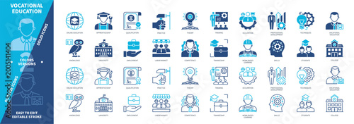 Vocational Education icon set. Apprenticeship, Skills, Training, Theory, University, Competence, Qualification, Practice. Duotone color solid and editable outline icons
