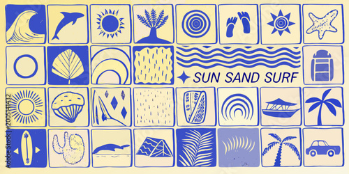 Blue and cream ocean themed tile pattern with beach icons