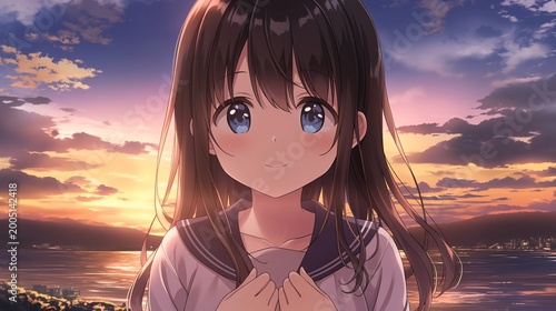 ノスタルジックな日本の海とアニメ調の美少女