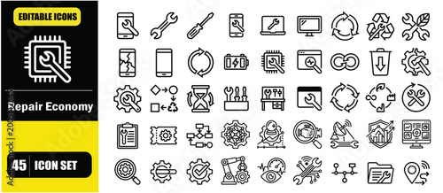 Repair Economy Concept Icon Set
Device repair, maintenance and sustainability cycle
Fixing, restoring and extending product life
