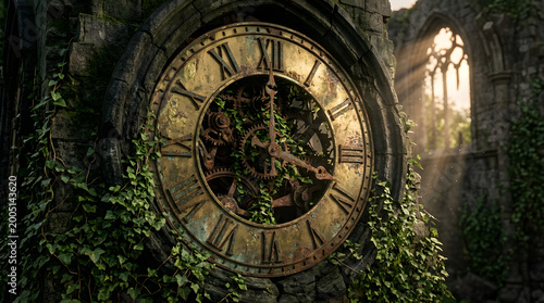 Ancient rusted clock face covered in ivy within a sunlit stone ruin