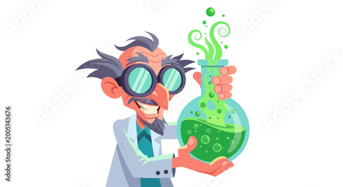Schilderij op canvas Crazy scientist holding bubbling green potion in laboratory flask