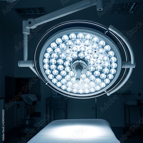 Operating room surgical light overhead.