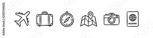 Obraz na plátne Vector icons of essential travel and adventure gear in a clean, hand-drawn outline style, featuring a folded map with a pin, an airplane, a compass, a passport, a classic suitcase, and a photo camera