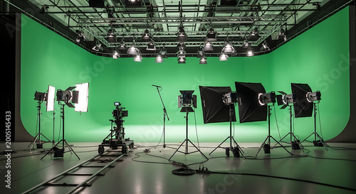 A fully equipped television studio with professional lighting and a green screen backdrop, ready for film production and broadcasting