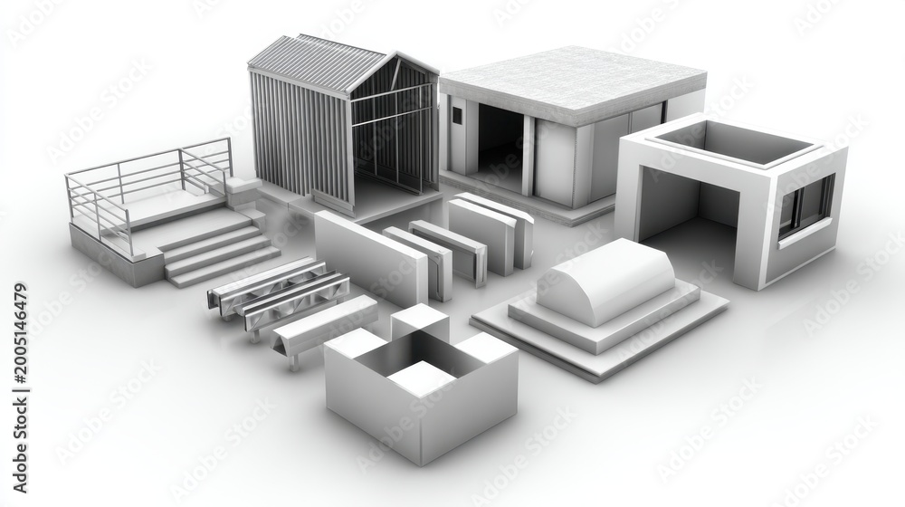 Fototapeta premium Diverse Collection of Minimalistic Architectural Building Blocks and Structures with Various Shapes for Conceptual Design Projects