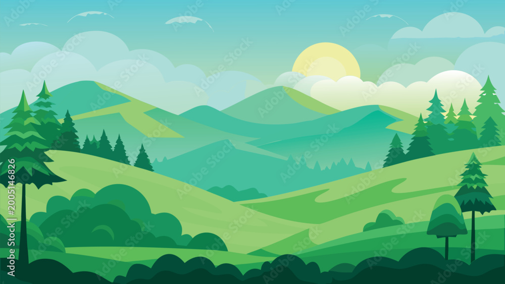 Fototapeta premium Minimalist flat design vector illustration of a lush green mountain landscape.