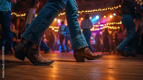 Line dancing in boots and jeans on wooden floor concept. Dancing feet in cowboy boots on a lively dance floor with lights.