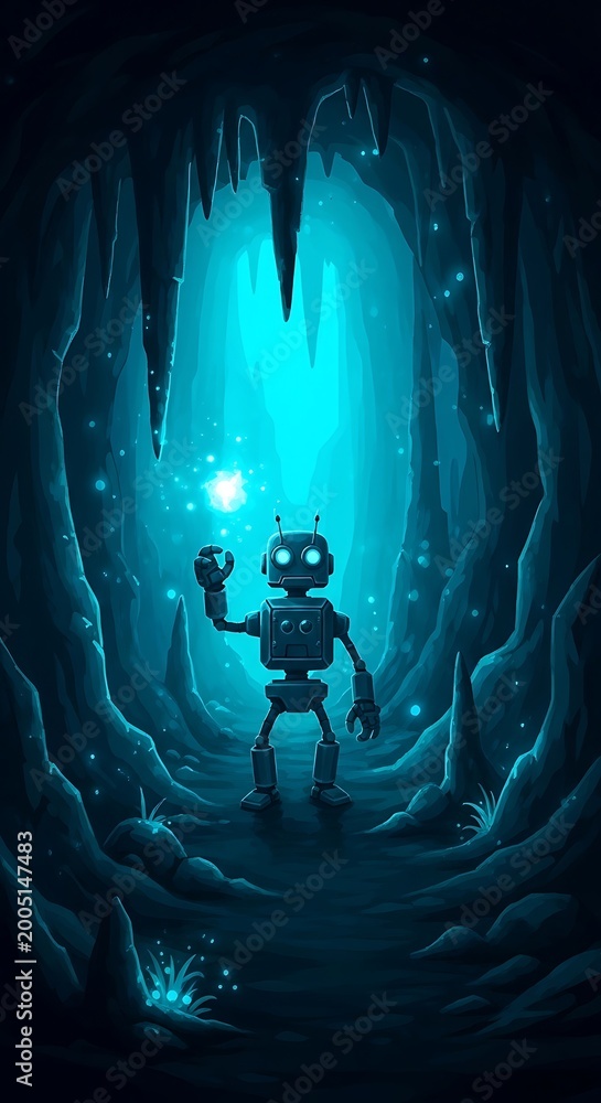 Fototapeta premium Robot standing in a dark cave.