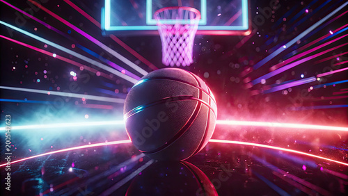 Disco ball with flashing neon light music party concept. Dynamic basketball scene with neon lights and motion effects.