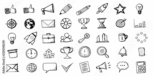 set of hand drawn doodle style business icons on white background