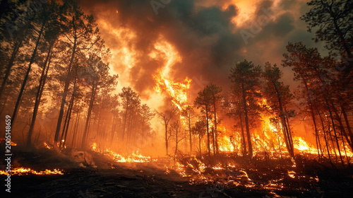 Wildfire raging through dense forest trees concept. Forest fire raging with flames and smoke engulfing the trees.