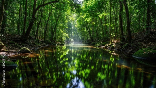 Serene Forest Stream with Lush Greenery and Sunbeams