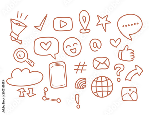Hand drawn doodle icon set with communication symbols and network elements for world social media  day