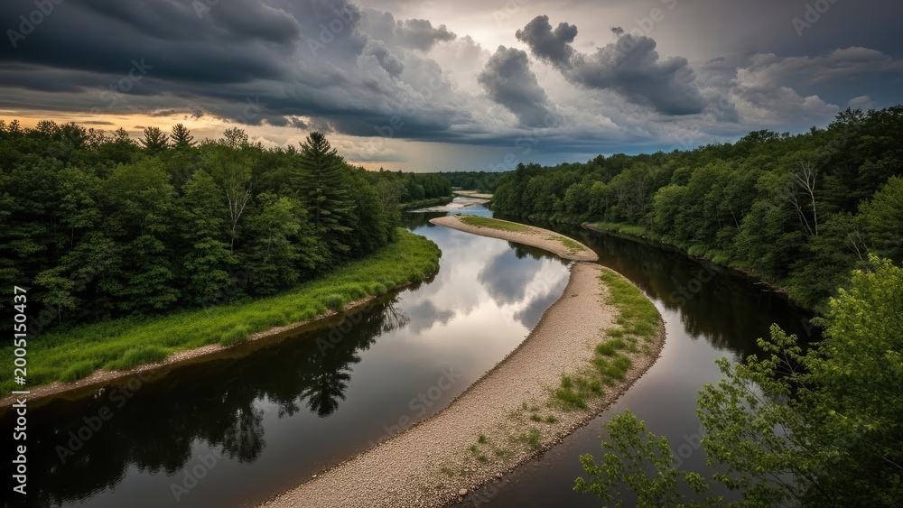 Fototapeta premium Dramatic river landscape with stormy clouds and lush green forest, reflection in water