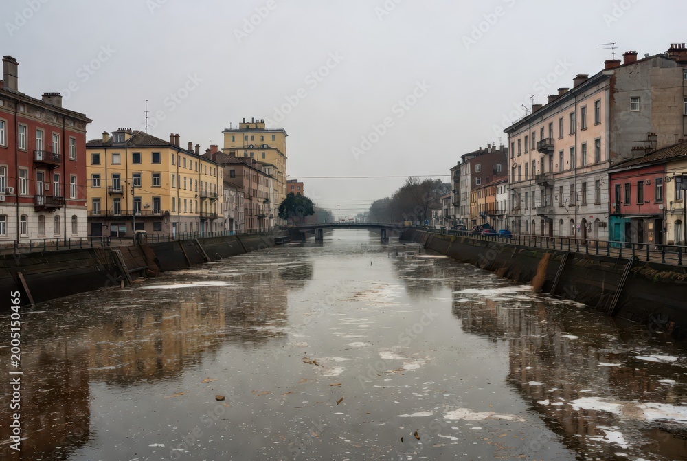 Obraz premium Urban canal with floating debris and reflections of historic buildings under a cloudy sky.
