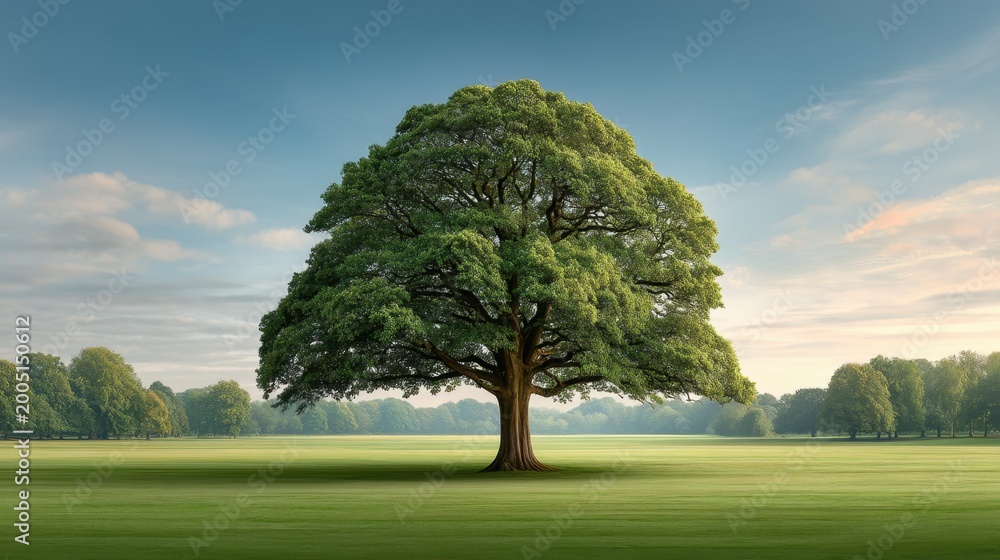 Fototapeta premium Majestic Green Tree Under Clear Blue Sky with Lush Grass Field and Surrounding Nature in a Serene Outdoor Environment