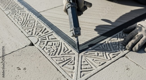 Skilled Hand Applying Dark Grey Sealant to Intricate Outdoor Patio Pavers with Caulking Gun