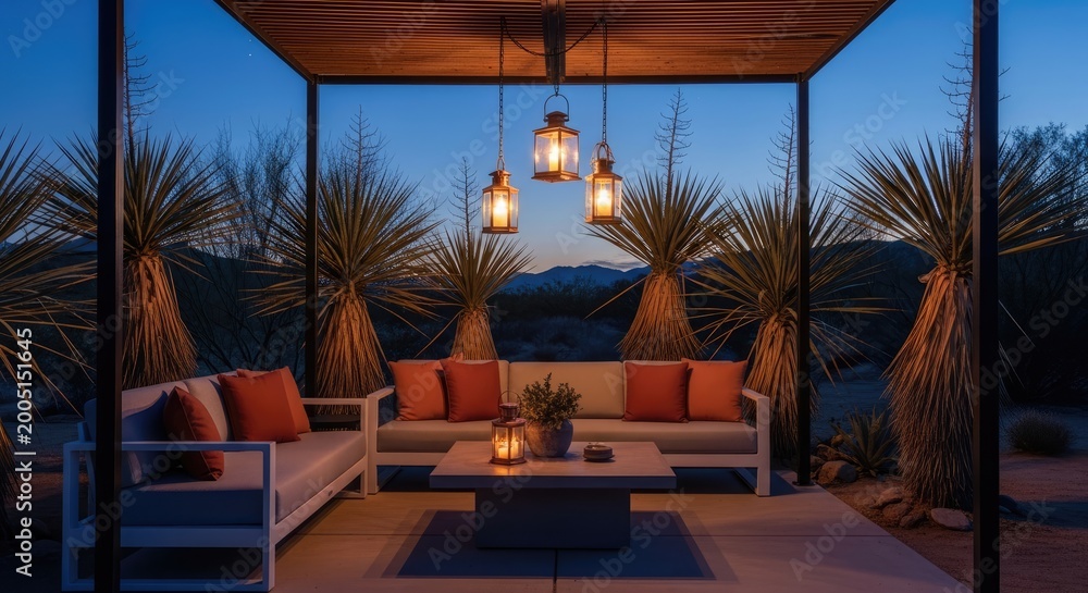 Fototapeta premium Luxurious outdoor lounge under a modern pergola with warm lantern glow in twilight desert landscape