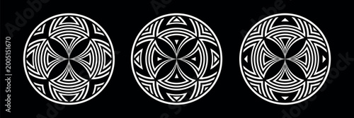 Set of Symmetrical Circle White Design Elements on Black Background.
