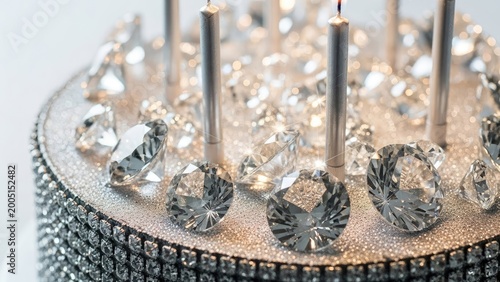 Close-up of cake decorated with large gems and candles, on a bright surface