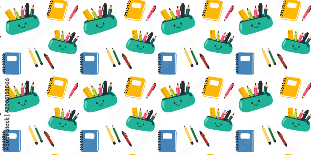 Fototapeta premium school stationery seamless pattern with pens pencils ruler flat design