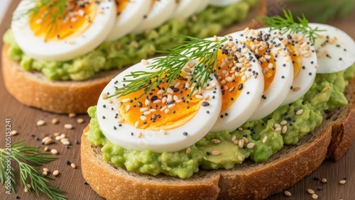 Two slices of toast with mashed avocado, sliced hard-boiled eggs, and sprinkled seeds